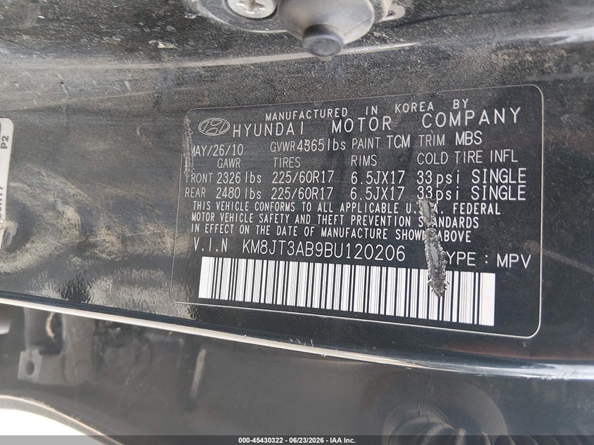 2011 Hyundai Tucson VIN KM8JT3AB9BU120206 IAAI salvage auction — NORMAL WEAR, Clear (Washington), sold $350 on 2026-07-28 (photo 9)