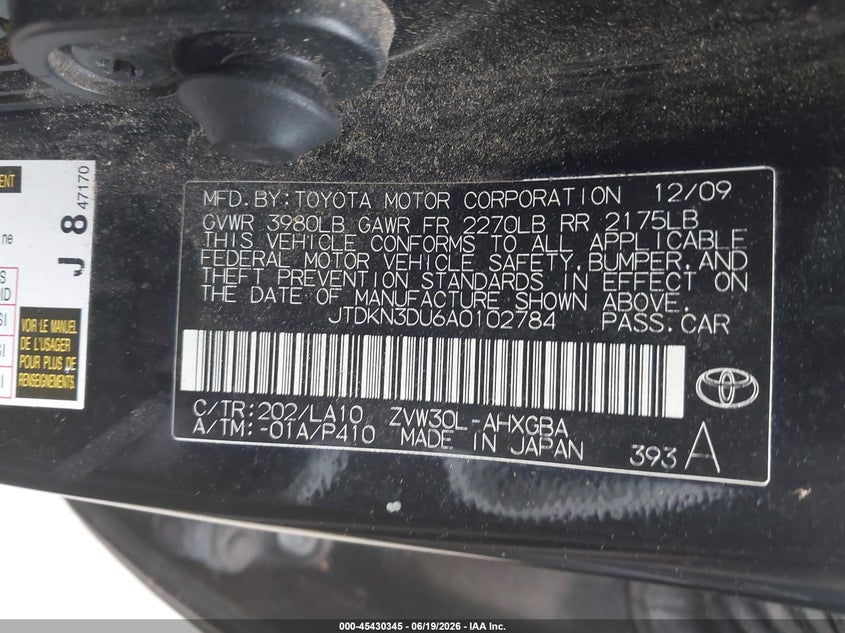 2010 Toyota Prius VIN JTDKN3DU6A0102784 IAAI salvage auction — NORMAL WEAR, Original (Texas), sold $1,400 on 2026-07-14 (photo 9)