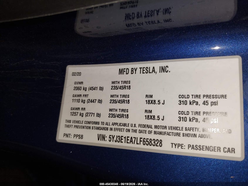 2020 Tesla Model 3 VIN 5YJ3E1EA7LF658328 IAAI salvage auction — FRONT END, Salvage (Texas), sold $2,400 on 2026-07-28 (photo 9)