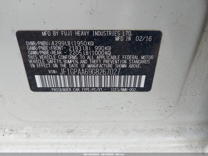 2016 Subaru Impreza VIN JF1GPAA69G8267027 IAAI salvage auction — FRONT END, Salvage (Virginia), sold $750 on 2026-07-14 (photo 9)