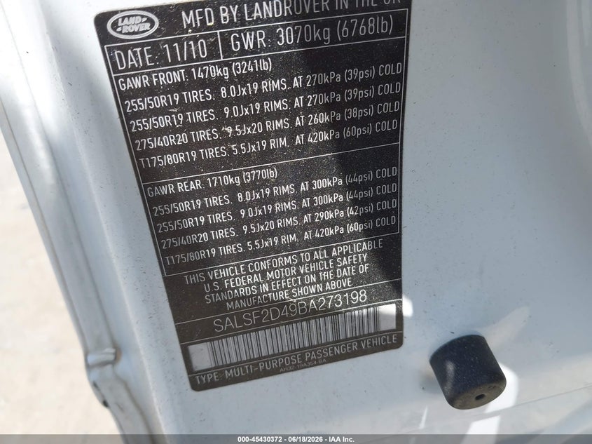 2011 Land rover Range rover sport VIN SALSF2D49BA273198 IAAI salvage auction — REAR END, Clear (Virginia), sold $1,500 on 2026-07-31 (photo 9)