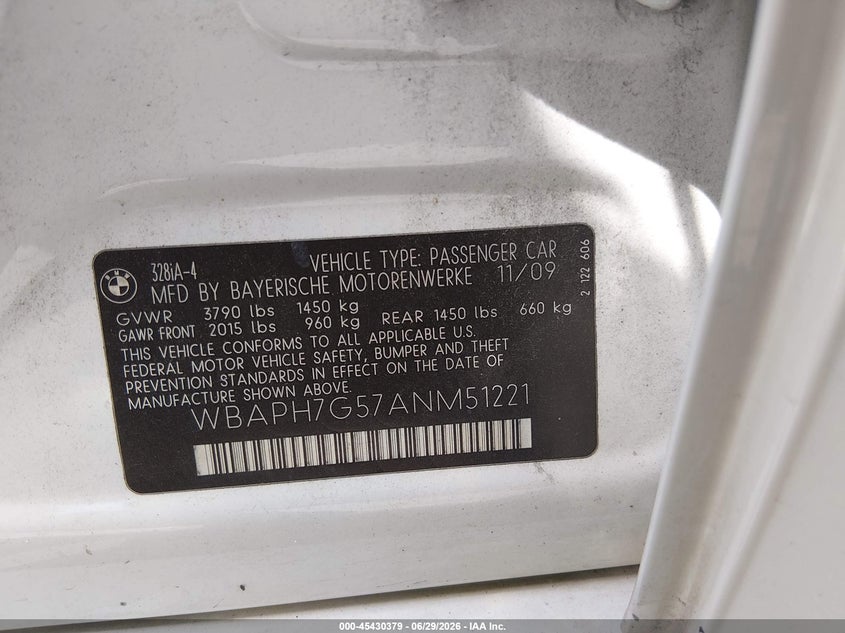2010 BMW 3 series VIN WBAPH7G57ANM51221 IAAI salvage auction — REAR END, Salvage (North Carolina), sold $1,200 on 2026-07-15 (photo 9)