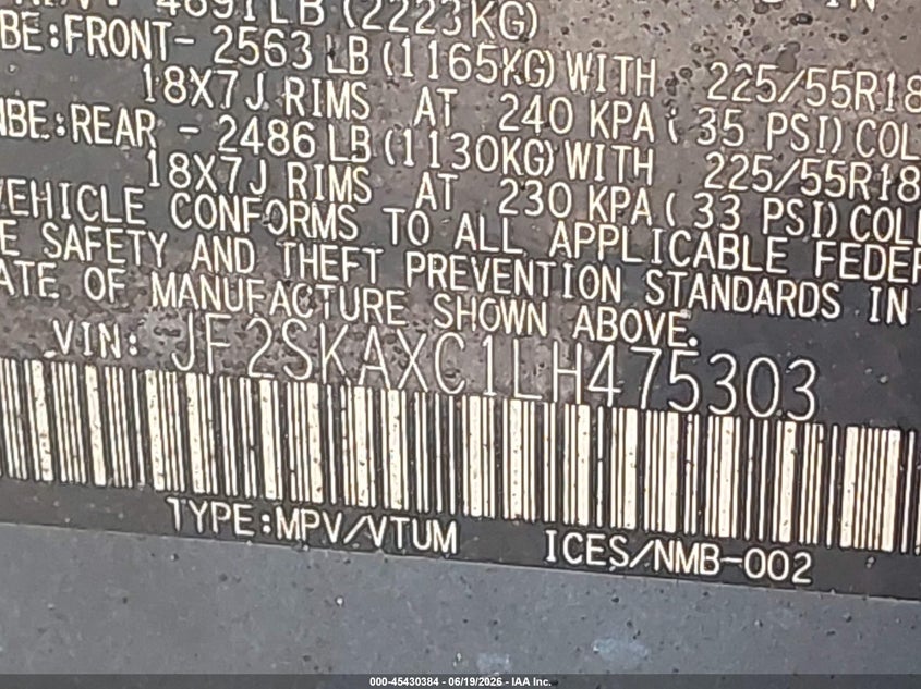 2020 Subaru Forester VIN JF2SKAXC1LH475303 IAAI salvage auction — Burn Engine, Scrap (Michigan), sold $225 on 2026-07-09 (photo 9)