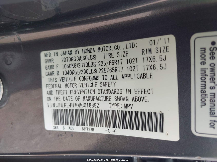 2011 Honda Cr-v VIN JHLRE4H70BC018892 IAAI salvage auction — FRONT END, Salvage (Pennsylvania), sold $1,950 on 2026-07-08 (photo 9)