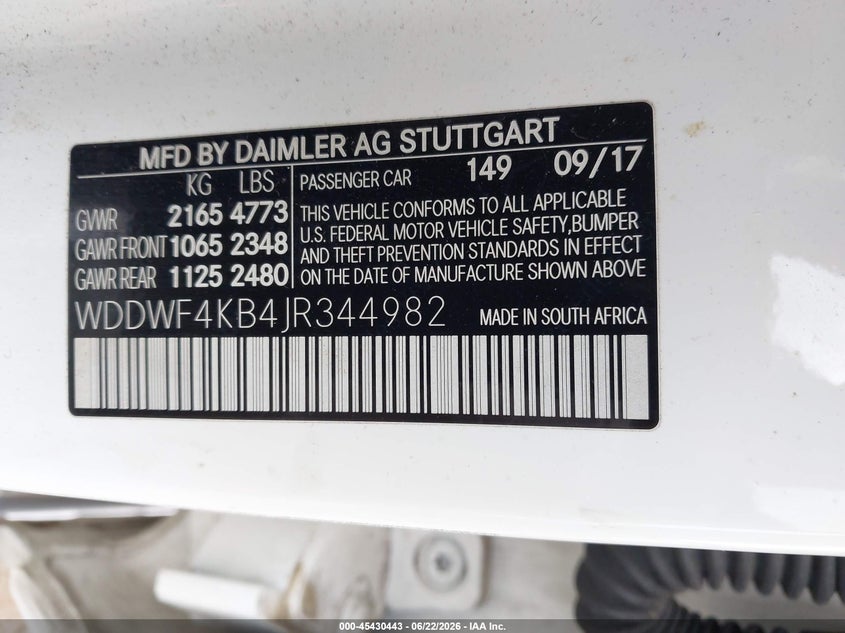 2018 Mercedes-benz C-klasse VIN WDDWF4KB4JR344982 IAAI salvage auction — NORMAL WEAR, Clear (New York), sold $4,850 on 2026-07-07 (photo 9)