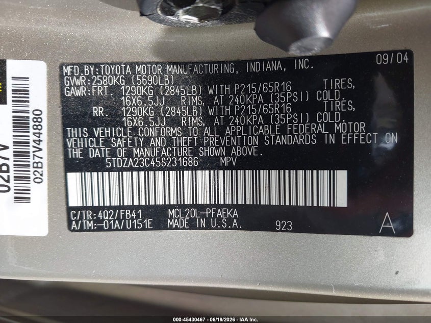 2005 Toyota Sienna VIN 5TDZA23C45S231686 IAAI salvage auction — SIDE, Clear (New Jersey), sold $825 on 2026-07-15 (photo 9)