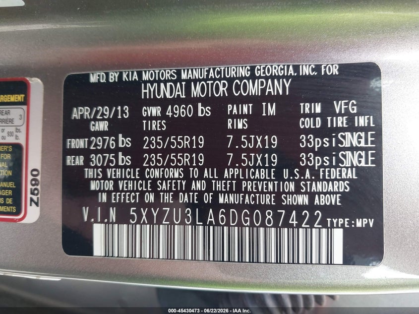 2013 Hyundai Santa fe VIN 5XYZU3LA6DG087422 IAAI salvage auction — NORMAL WEAR, Clear (Alabama), sold $1,100 on 2026-07-13 (photo 9)