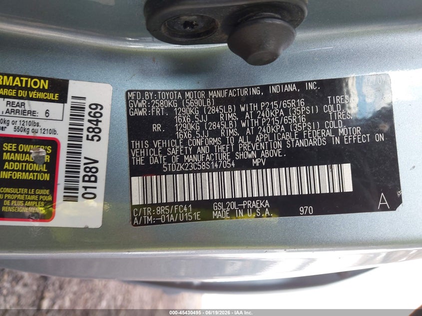 2008 Toyota Sienna VIN 5TDZK23C58S147054 IAAI salvage auction — FRONT END, Salvage (Delaware), sold $325 on 2026-07-20 (photo 9)