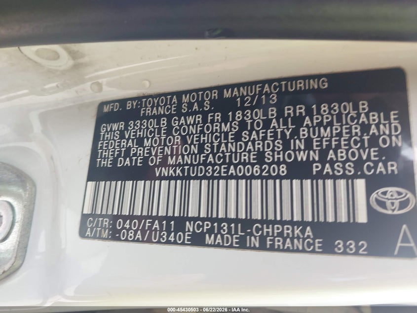 2014 Toyota Yaris VIN VNKKTUD32EA006208 IAAI salvage auction — LEFT FRONT, Clear (Indiana), sold $925 on 2026-07-24 (photo 9)