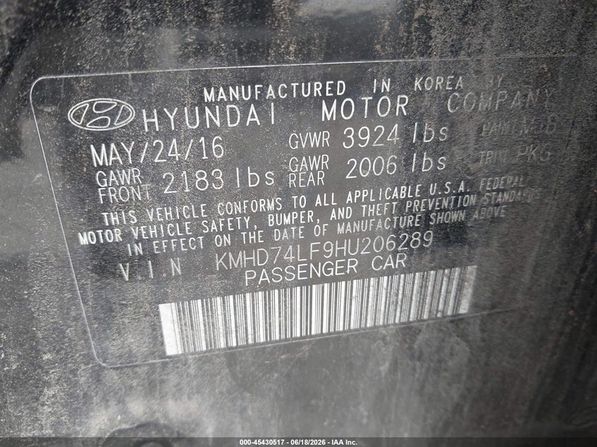 2017 Hyundai Elantra VIN KMHD74LF9HU206289 IAAI salvage auction — RIGHT FRONT, Clear (New Jersey), sold $750 on 2026-07-17 (photo 9)