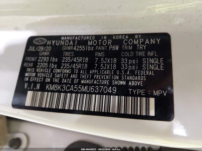 2021 Hyundai Kona VIN KM8K3CA55MU637049 IAAI salvage auction — SUSPENSION, Mv-907A (New York), sold $3,500 on 2026-07-22 (photo 9)