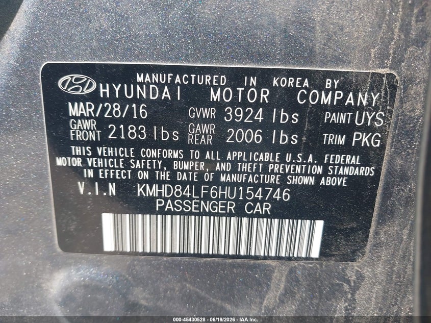 2017 Hyundai Elantra VIN KMHD84LF6HU154746 IAAI salvage auction — REAR END, Salvage Title, sold $1,500 on 2026-07-24 (photo 9)
