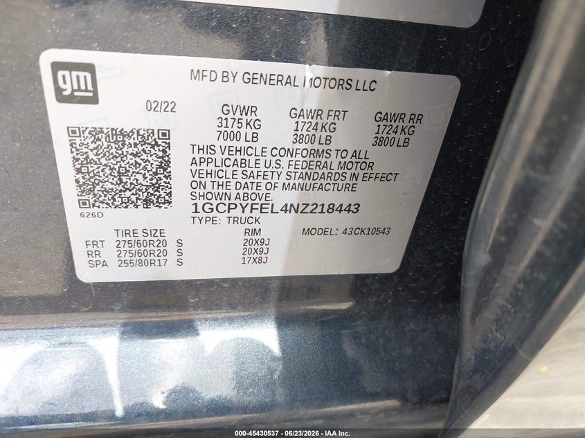 2022 Chevrolet Silverado VIN 1GCPYFEL4NZ218443 IAAI salvage auction — THEFT, Salvage Title, sold $23,100 on 2026-08-20 (photo 9)