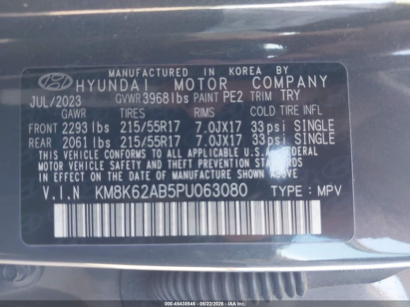 2023 Hyundai Kona VIN KM8K62AB5PU063080 IAAI salvage auction — RIGHT SIDE, Salvage Title, sold $2,400 on 2026-07-28 (photo 9)