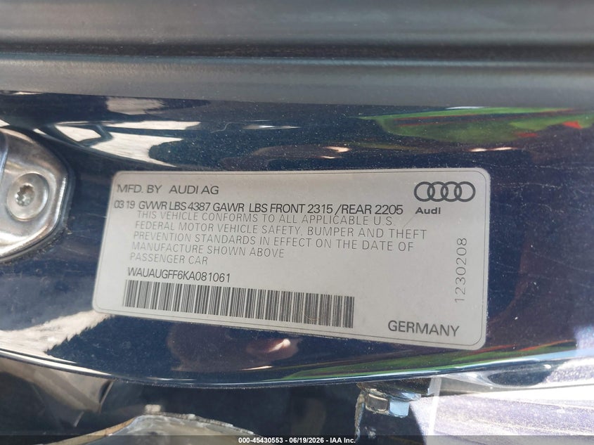 2019 Audi A3 VIN WAUAUGFF6KA081061 IAAI salvage auction — ROLLOVER, Salvage Title, sold $25 on 2026-07-27 (photo 9)