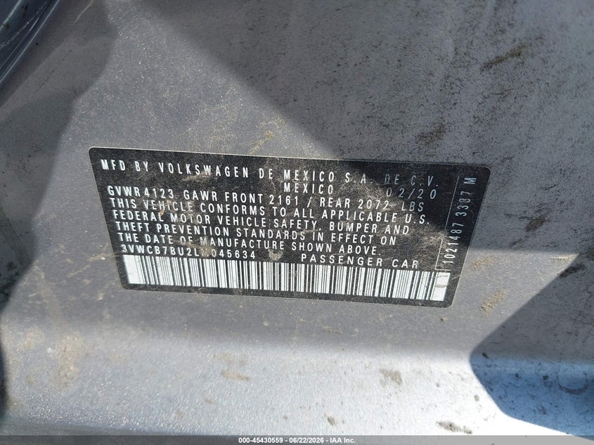 2020 Volkswagen Jetta VIN 3VWCB7BU2LM045634 IAAI salvage auction — FRONT END, Clear (Virginia), sold $2,900 on 2026-07-11 (photo 9)