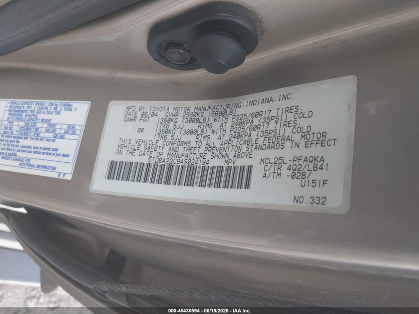 2004 Toyota Sienna VIN 5TDBA22C94S024194 IAAI salvage auction — ALL OVER, Bill Of Sale (New York), sold $500 on 2026-07-07 (photo 9)