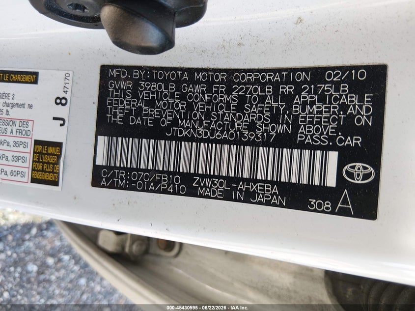 2010 Toyota Prius VIN JTDKN3DU6A0139317 IAAI salvage auction — FRONT END, Rebuildable (Florida), sold $900 on 2026-07-07 (photo 9)
