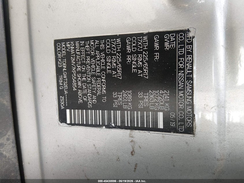 2019 Nissan Rogue VIN KNMAT2MV7KP554854 IAAI salvage auction — LEFT FRONT, Bill Of Sale (New York), sold $2,850 on 2026-07-07 (photo 9)
