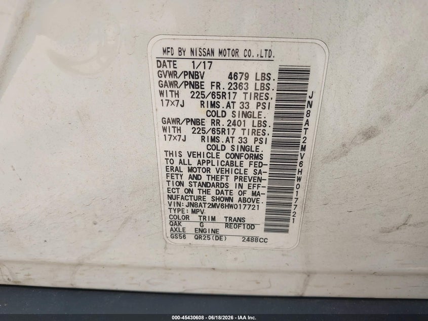 2017 Nissan Rogue VIN JN8AT2MV6HW017721 IAAI salvage auction — NORMAL WEAR, Clear (Maryland), sold $600 on 2026-07-30 (photo 9)