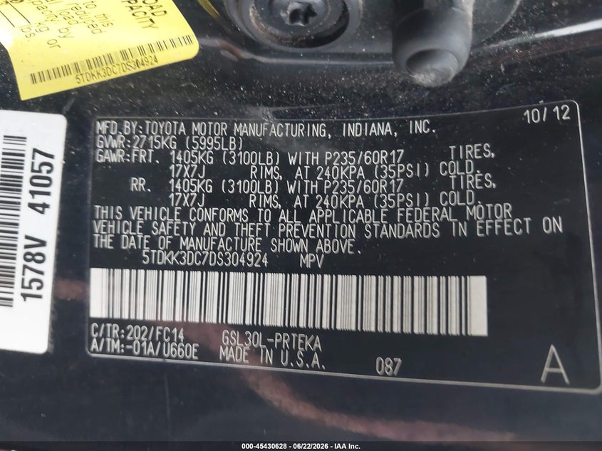 2013 Toyota Sienna VIN 5TDKK3DC7DS304924 IAAI salvage auction — RIGHT FRONT, Salvage (Indiana), sold $1,775 on 2026-07-16 (photo 9)
