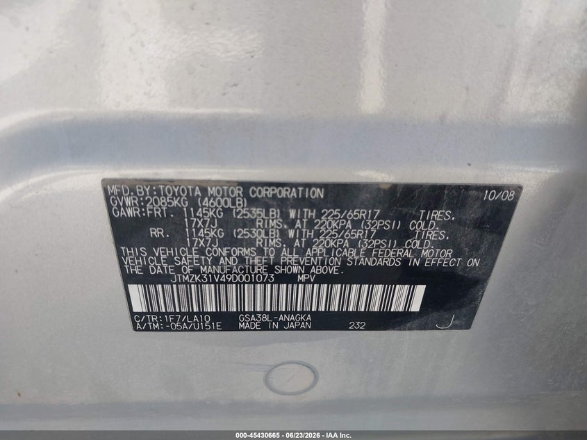 2009 Toyota Rav4 VIN JTMZK31V49D001073 IAAI salvage auction — REAR END, Salvage (Texas), sold $2,500 on 2026-07-28 (photo 9)