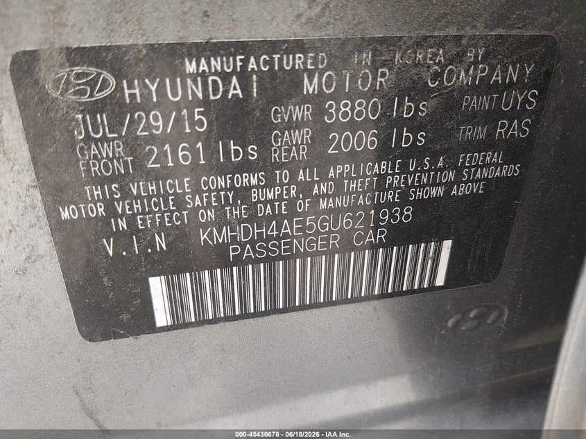2016 Hyundai Elantra VIN KMHDH4AE5GU621938 IAAI salvage auction — NORMAL WEAR, Clear (Virginia), sold $450 on 2026-07-30 (photo 9)