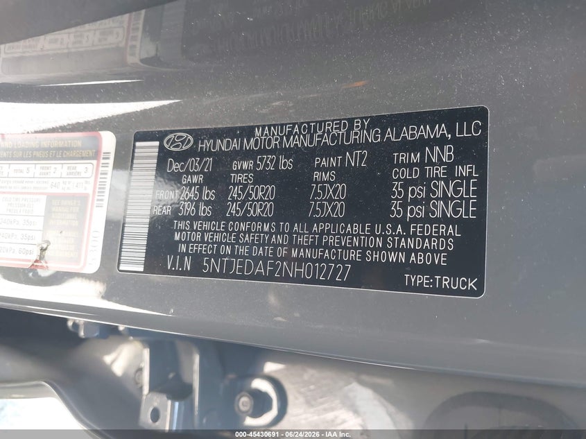 2022 Hyundai Santa cruz VIN 5NTJEDAF2NH012727 IAAI salvage auction — REAR END, Salvage Title, sold $10,200 on 2026-08-29 (photo 9)