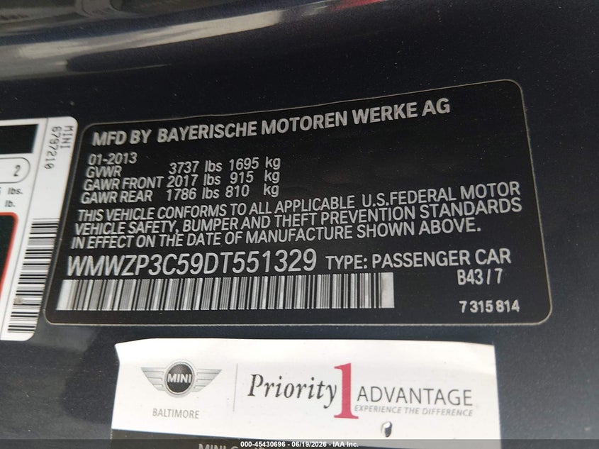 2013 Mini Convertible VIN WMWZP3C59DT551329 IAAI salvage auction — FRONT END, Salvage (Pennsylvania), sold $25 on 2026-07-30 (photo 9)