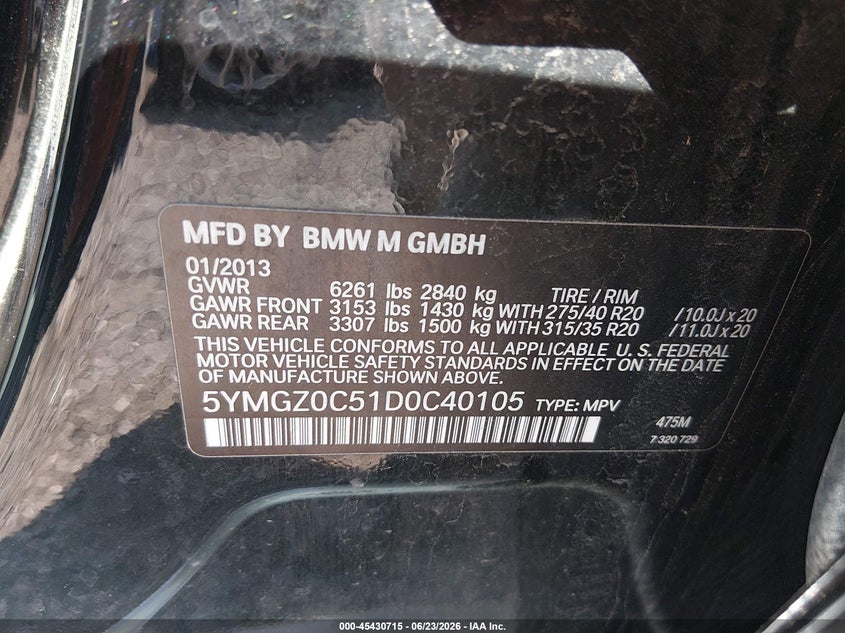 2013 BMW X6 m VIN 5YMGZ0C51D0C40105 IAAI salvage auction — NORMAL WEAR, Salvage Title, sold $1,400 on 2026-07-29 (photo 9)