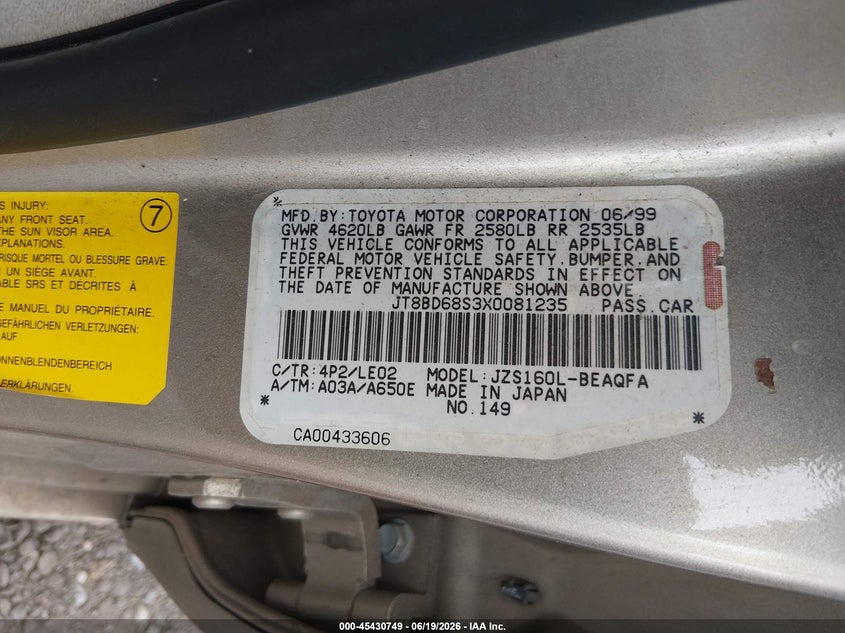 1999 Lexus Gs 300 VIN JT8BD68S3X0081235 IAAI salvage auction — FRONT & REAR, Bill Of Sale (New York), sold $425 on 2026-07-07 (photo 9)