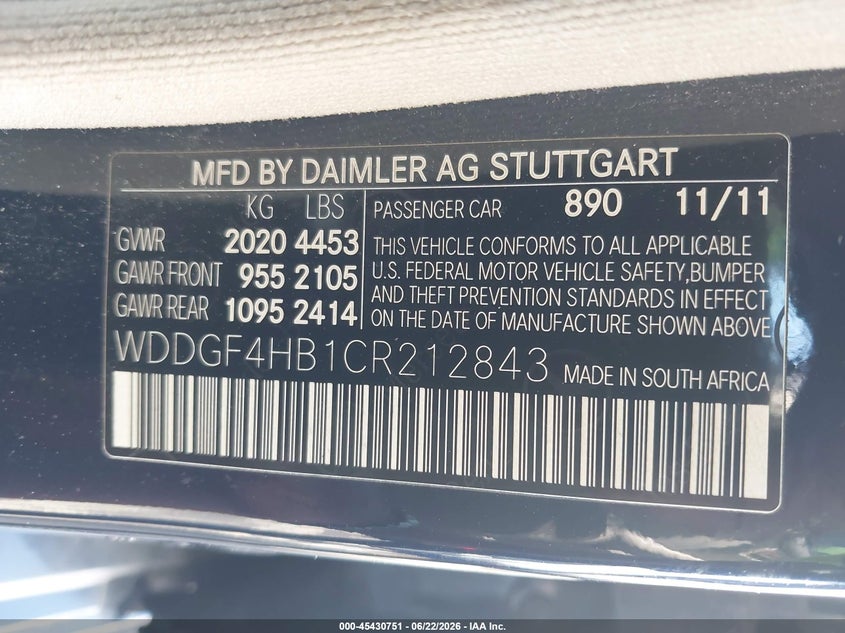 2012 Mercedes-benz C-klasse VIN WDDGF4HB1CR212843 IAAI salvage auction — FRONT END, Salvage (North Carolina), sold $425 on 2026-07-29 (photo 9)