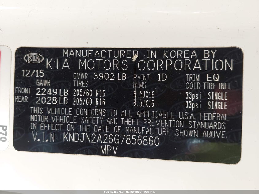 2016 Kia Soul VIN KNDJN2A26G7856860 IAAI salvage auction — REAR END, Salvage (Texas), sold $400 on 2026-07-13 (photo 9)