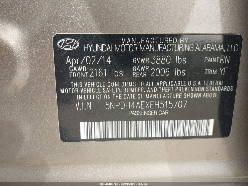 2014 Hyundai Elantra VIN 5NPDH4AEXEH515707 IAAI salvage auction — SIDE, Salvage Title, sold $875 on 2026-07-25 (photo 9)