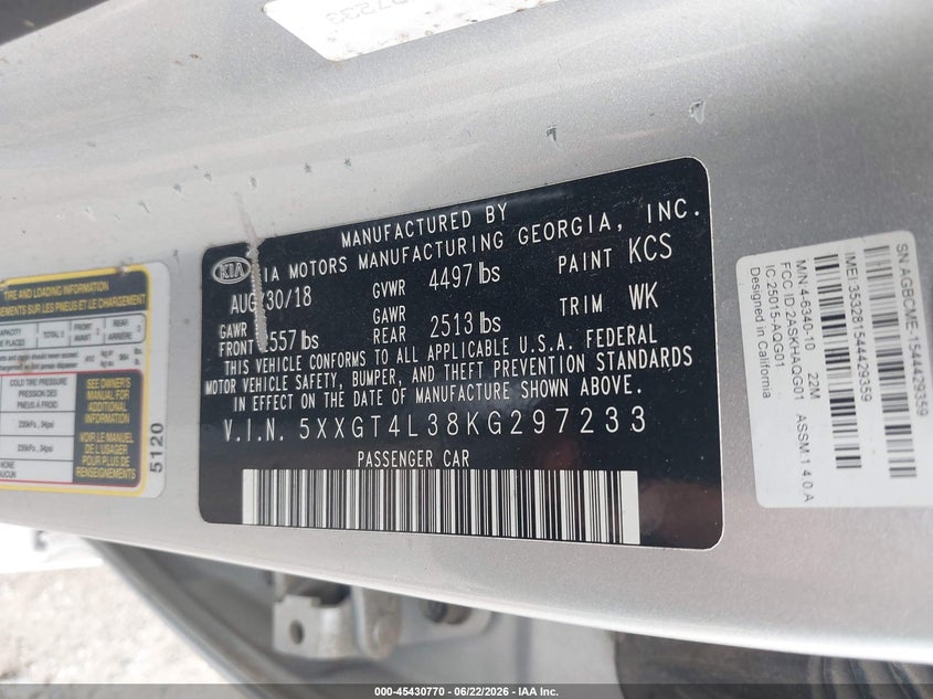 2019 Kia Optima VIN 5XXGT4L38KG297233 IAAI salvage auction — NORMAL WEAR, Clear (New York), sold $2,525 on 2026-07-24 (photo 9)