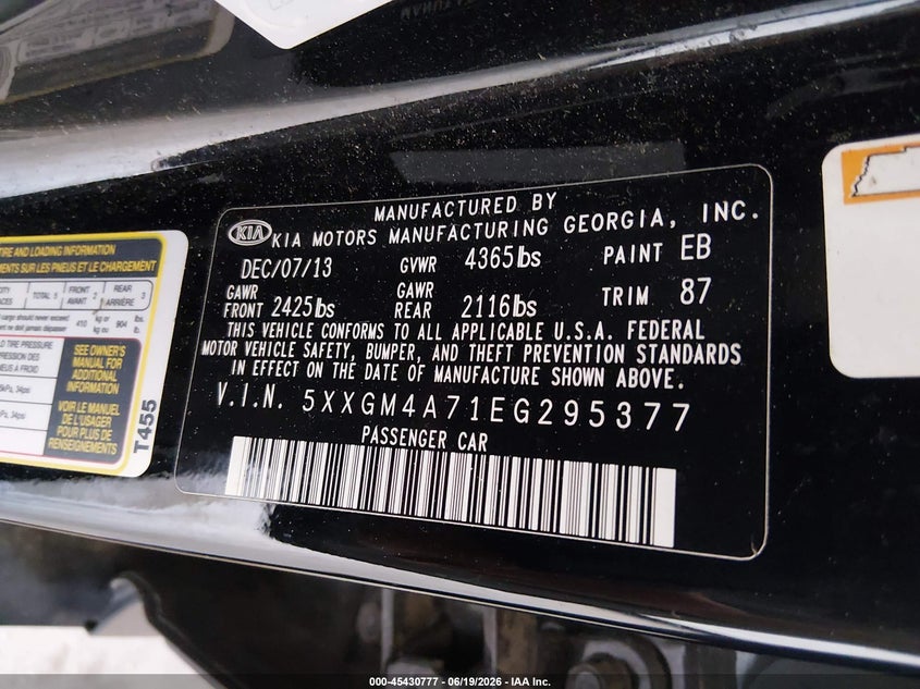 2014 Kia Optima VIN 5XXGM4A71EG295377 IAAI salvage auction — ALL OVER, Salvage (Tennessee), sold $675 on 2026-07-20 (photo 9)