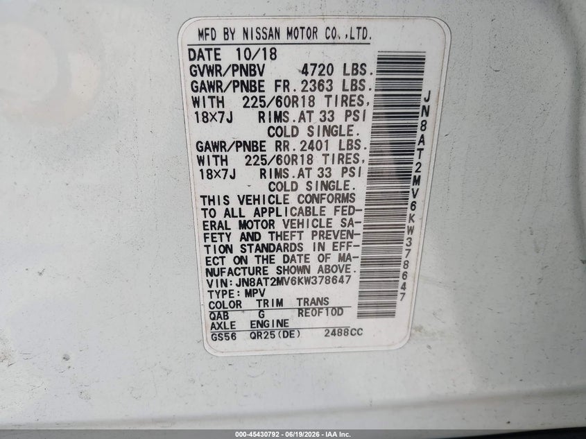 2019 Nissan Rogue VIN JN8AT2MV6KW378647 IAAI salvage auction — FRONT END, Salvage Title, sold $350 on 2026-07-30 (photo 9)
