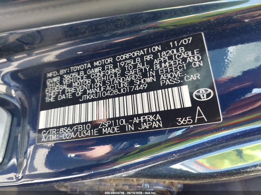 2008 Scion Xd VIN JTKKU10428J017449 IAAI salvage auction — NORMAL WEAR, Clear (Virginia), sold $825 on 2026-07-17 (photo 9)