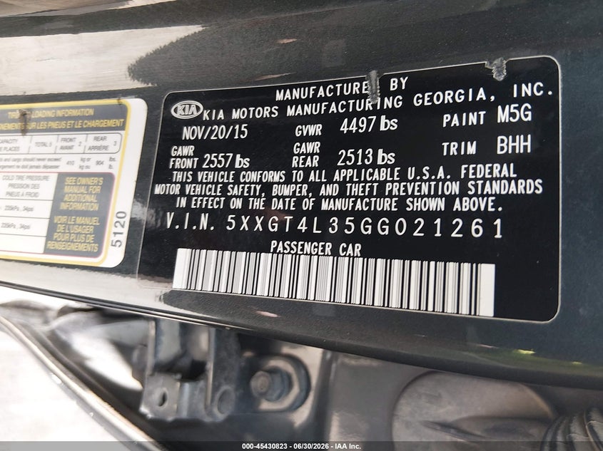 2016 Kia Optima VIN 5XXGT4L35GG021261 IAAI salvage auction — FRONT END, Salvage (Texas), sold $1,250 on 2026-07-31 (photo 9)
