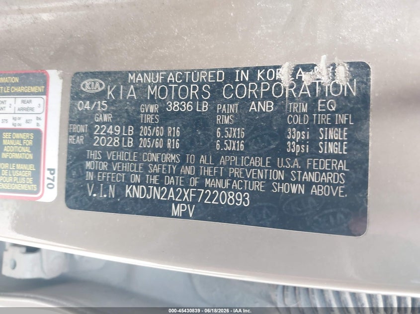 2015 Kia Soul VIN KNDJN2A2XF7220893 IAAI salvage auction — REAR END, Salvage (North Carolina), sold $200 on 2026-07-17 (photo 9)