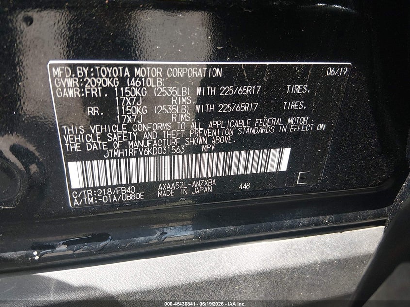 2019 Toyota Rav 4 VIN JTMH1RFV6KD031563 IAAI salvage auction — FRONT END, Clear (South Carolina), sold $6,300 on 2026-07-29 (photo 9)