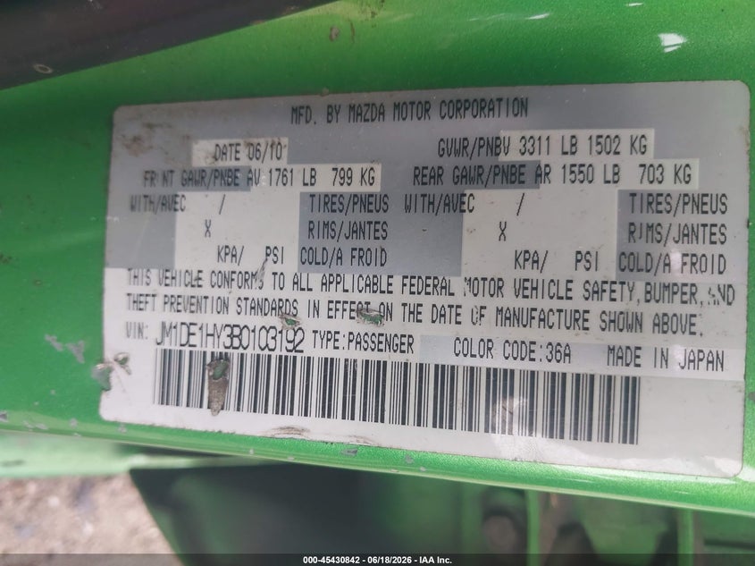 2011 Mazda 2 VIN JM1DE1HY3B0103192 IAAI salvage auction — NORMAL WEAR, Clear (Georgia), sold $475 on 2026-07-09 (photo 9)