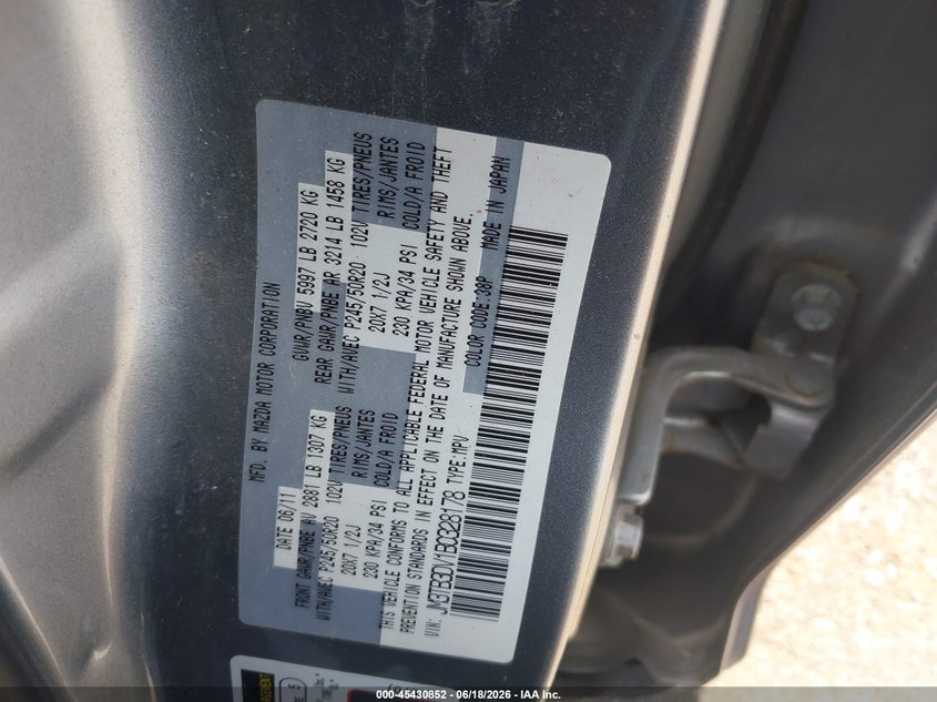 2011 Mazda Cx-9 VIN JM3TB3DV1B0328178 IAAI salvage auction — NORMAL WEAR, Clear (Pennsylvania), sold $275 on 2026-07-10 (photo 9)
