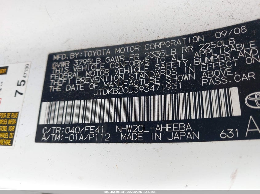 2009 Toyota Prius VIN JTDKB20U393471931 IAAI salvage auction — FRONT END, Clear (Indiana), sold $225 on 2026-07-15 (photo 9)