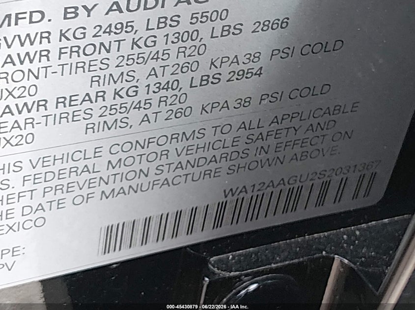 2025 Audi Q5 VIN WA12AAGU2S2031367 IAAI salvage auction — REAR END, Salvage (Kansas), sold $26,200 on 2026-07-24 (photo 9)
