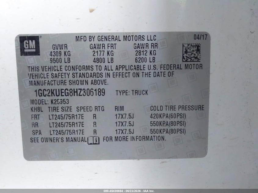 2017 Chevrolet Silverado 2500 VIN 1GC2KUEG8HZ306189 IAAI salvage auction — SIDE, SF97 (California), sold $15,100 on 2026-07-30 (photo 9)