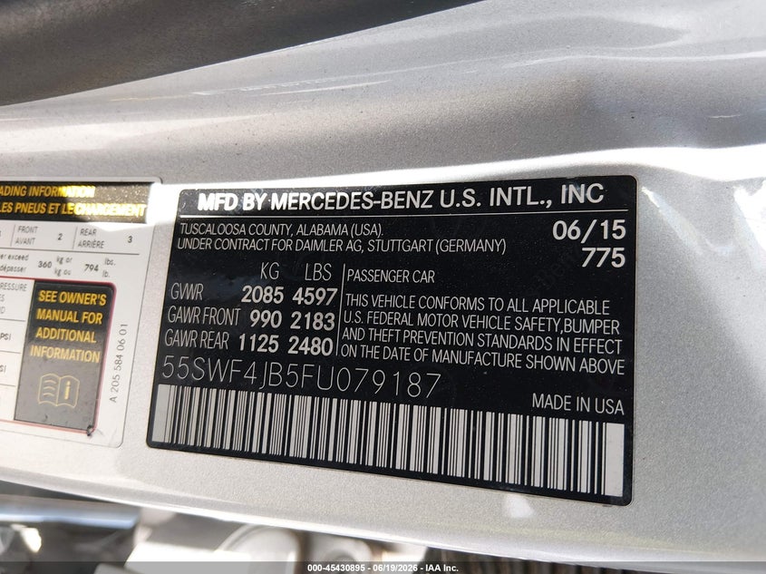 2015 Mercedes-benz C-klasse VIN 55SWF4JB5FU079187 IAAI salvage auction — WATER/FLOOD, Salvage Title, sold $3,250 on 2026-07-22 (photo 9)