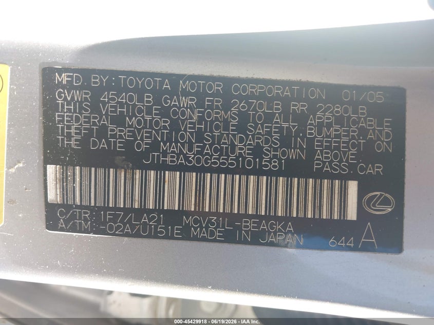 2005 Lexus Es 330 VIN JTHBA30G555101581 IAAI salvage auction — LEFT FRONT, Salvage (Ohio), sold $550 on 2026-07-29 (photo 9)