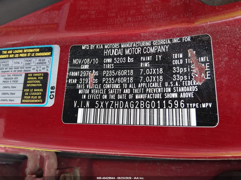 2011 Hyundai Santa fe VIN 5XYZHDAG2BG011596 IAAI salvage auction — FRONT END, Clear (Minnesota), sold $625 on 2026-07-06 (photo 9)