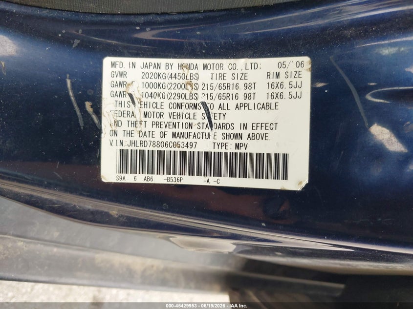2006 Honda Cr-v VIN JHLRD78806C053497 IAAI salvage auction — HAIL, Regular Certificate (Iowa), sold $1,150 on 2026-07-21 (photo 9)
